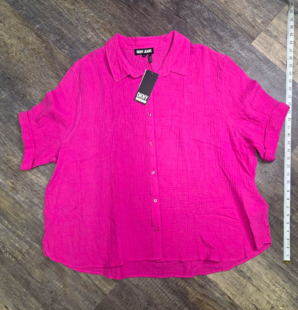 DKNY Jeans Womens 3X Pink Solid 100% Cotton Collared Button-Up Blouse Top